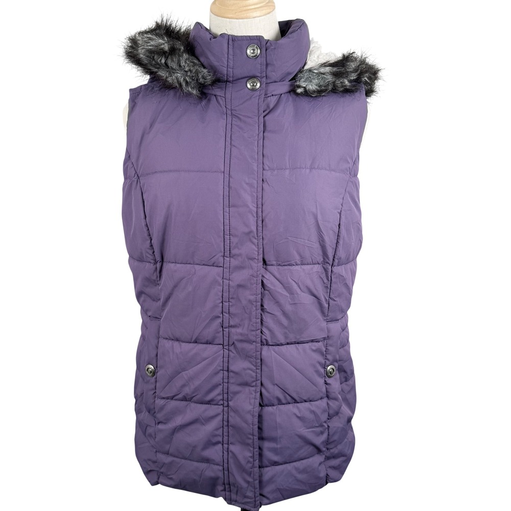 Green Tea Women Medium Puffer Vest Purple Sherpa Lined Faux Fur Hood Winter Cozy